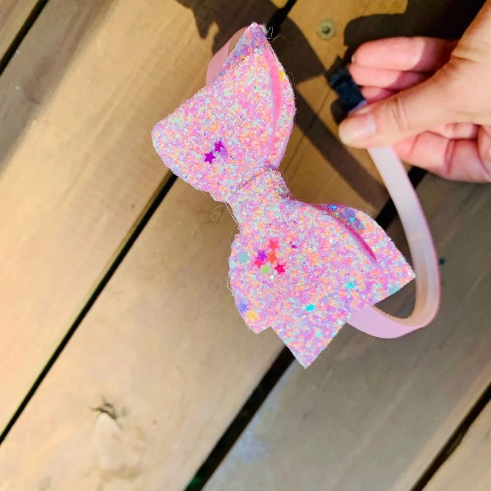 (4) Glitter pastel colored bow style headbands girls